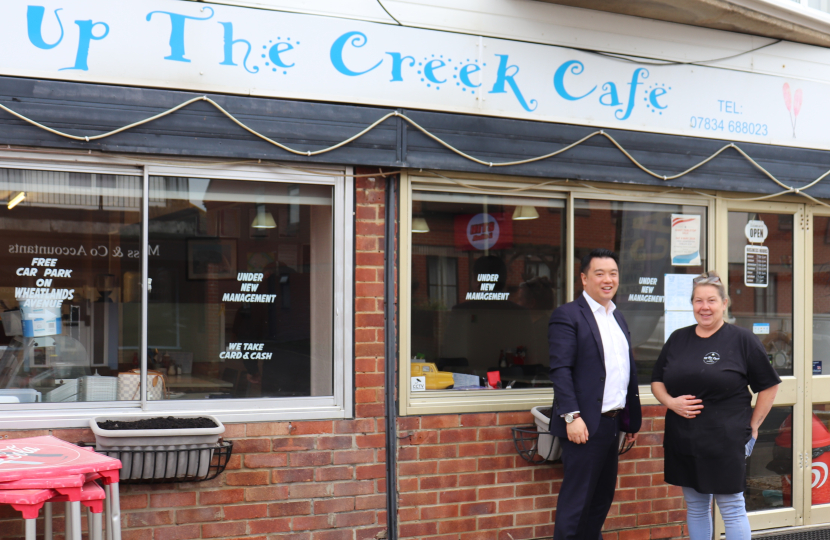 Local MP Alan Mak helps family celebrate first year running popular Up The Creek cafe on Hayling Island