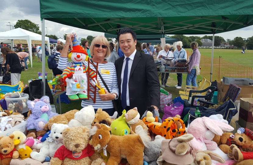 Alan Mak MP visits the soft toy stall at the Three Churches fete
