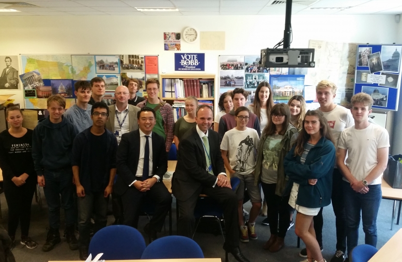 Alan Mak and Gavin Barwell with the Year 13 politics students from Havant Sixth Form College