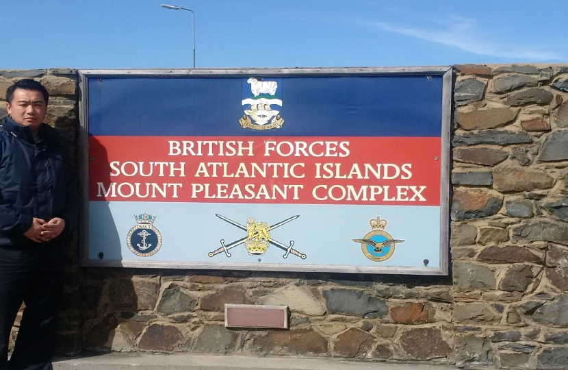 Alan Mak MP outside the Mount Pleasant military complex, the current Tri-Service British base on the Falklands.