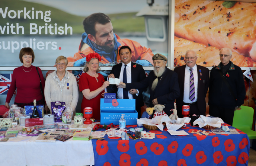 Alan Mak MP presents a cheque for £4000 raised by local Havant Royal British Legion Branch members to Anne Newcombe to start this year’s Poppy Appeal fundraising, alongside David Argue, Havant Royal British Legion Branch Chairman