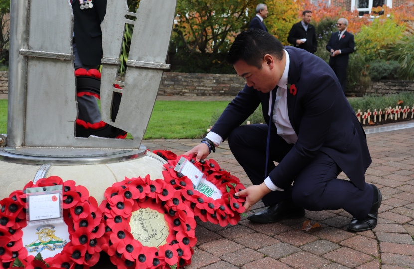 MP Alan Mak laid a wreath at the Emsworth Memorial Garden during a service on Armistice Day 