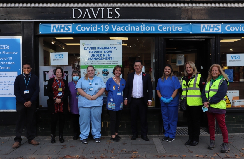 Local MP Alan Mak met co-owner Nemesh Patel and volunteers at the Davies Pharmacy rolling out the booster vaccines