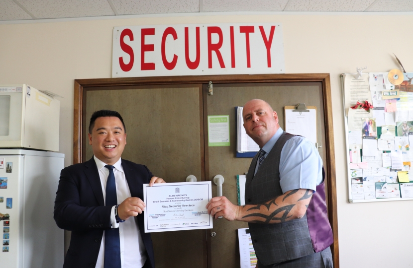 Local MP Alan Mak presents Andy Morrison with the Small Business and Community Award for Best New and Growing Business