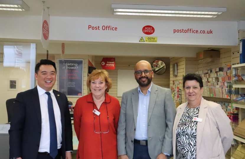 Local MP Alan Mak met Harry Sanghera, the new Hayling Island Postmaster, and his two staff Val and Gloria