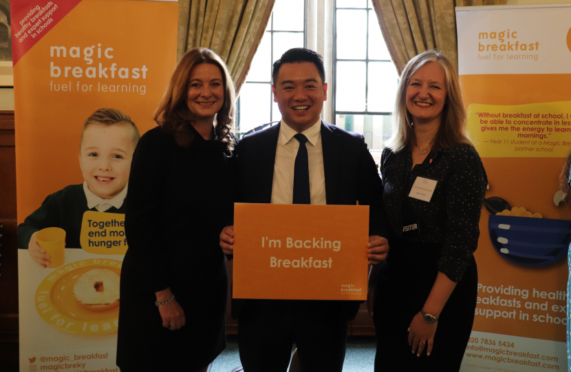 Local MP Alan Mak with Education Secretary Gillian Keegan and Magic Breakfast CEO Lindsey MacDonald 
