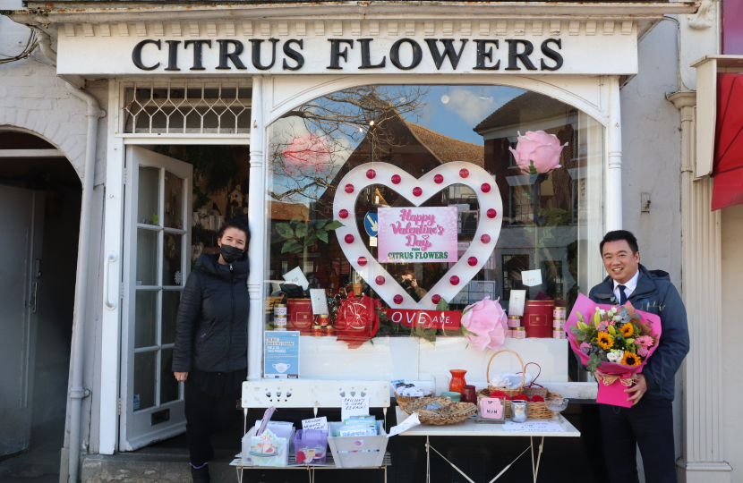 Local MP Alan Mak met with owner Carli Strugnell at Citrus Flowers in Emsworth, and bought some flowers