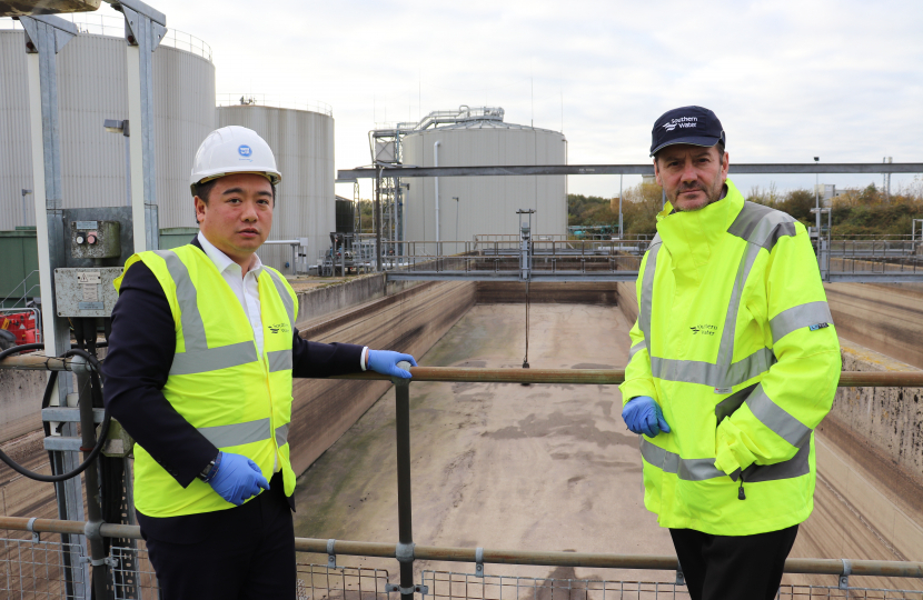 Alan Mak with Southern Water CEO Ian McAulay at the Budds Farm waste water treatment plant in Havant