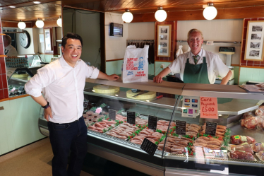 Alan Mak visiting CJ Meats in West Street, Havant – part of the Havant Town Centre area which will benefit from Government-funded support.
